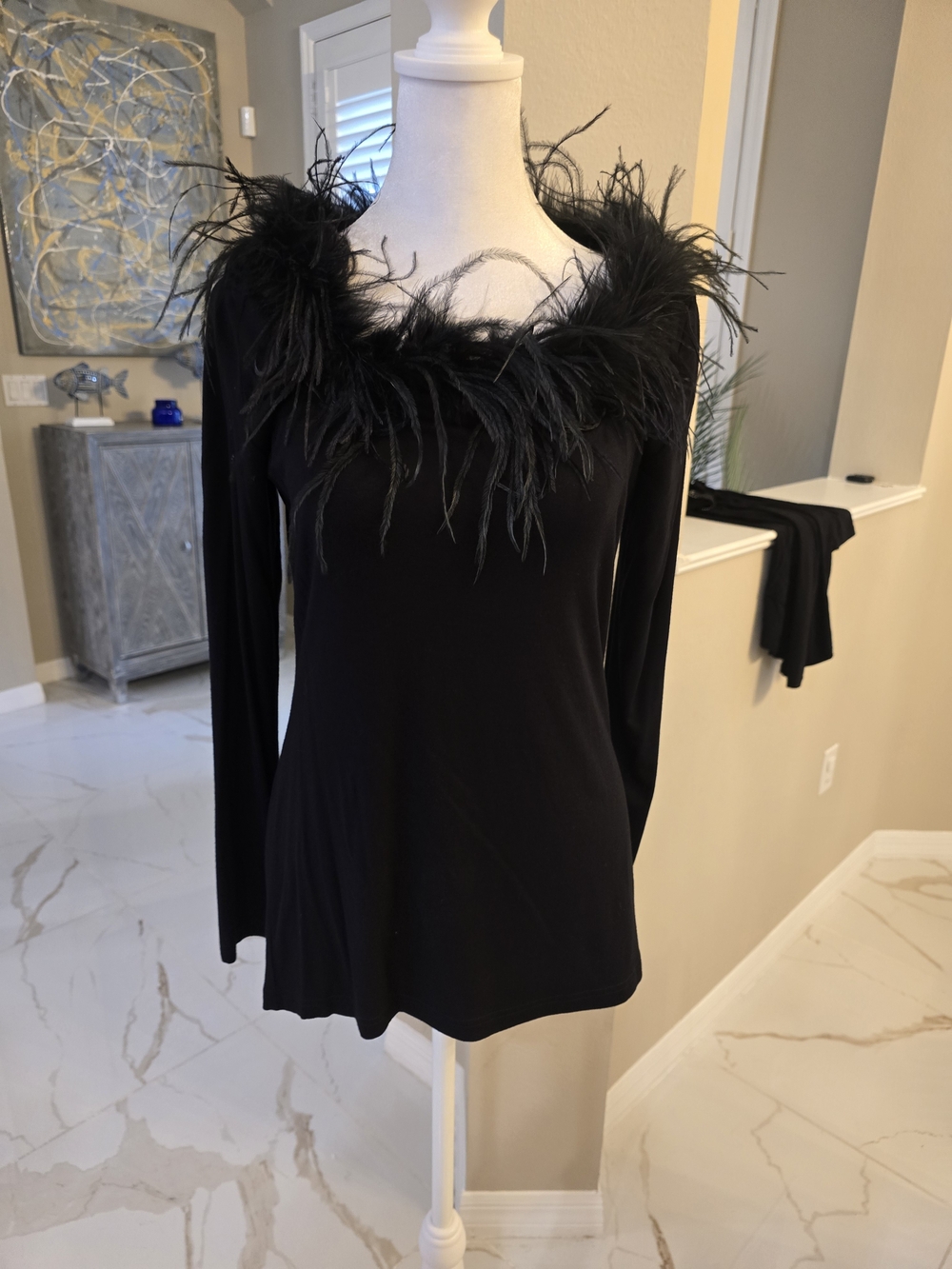 berek Black Long-Sleeve Feather-Trim Top